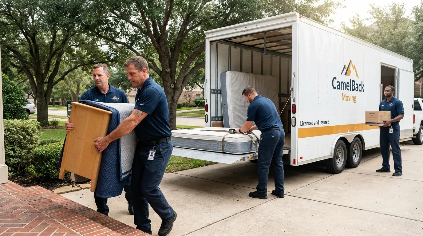 Crew loading residential truck for cross-state move from Lemoore, CA