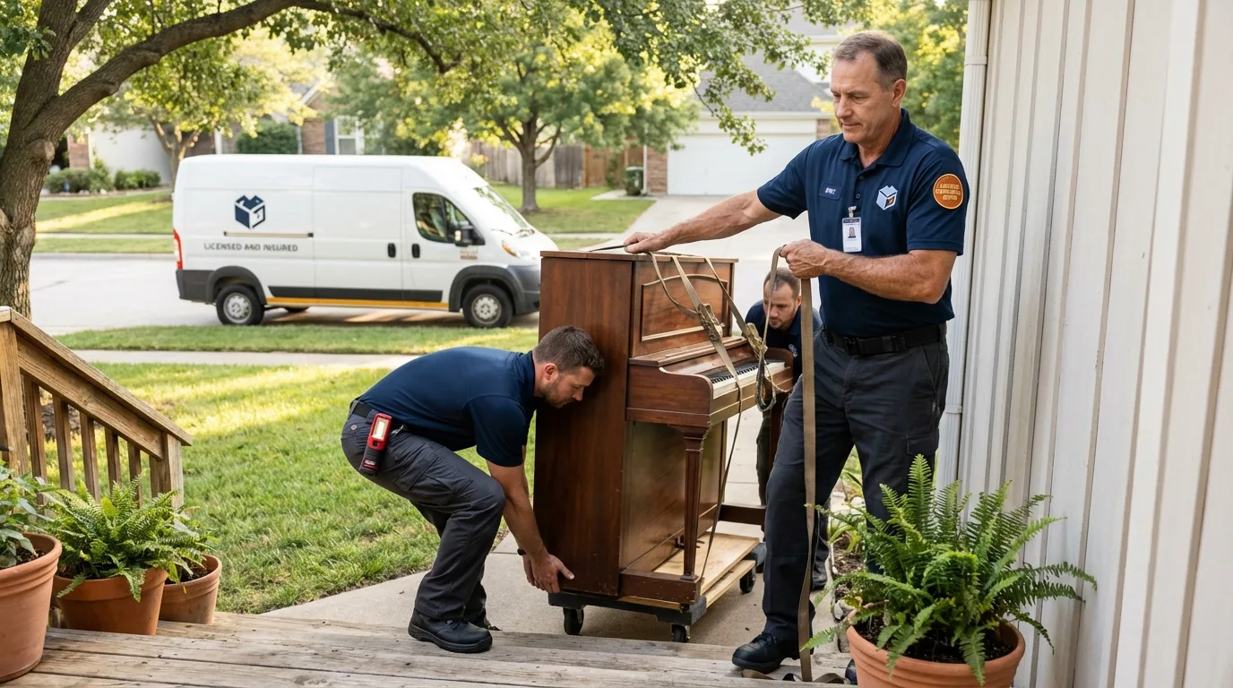 Licensed piano movers securing grand piano in Lemoore, CA