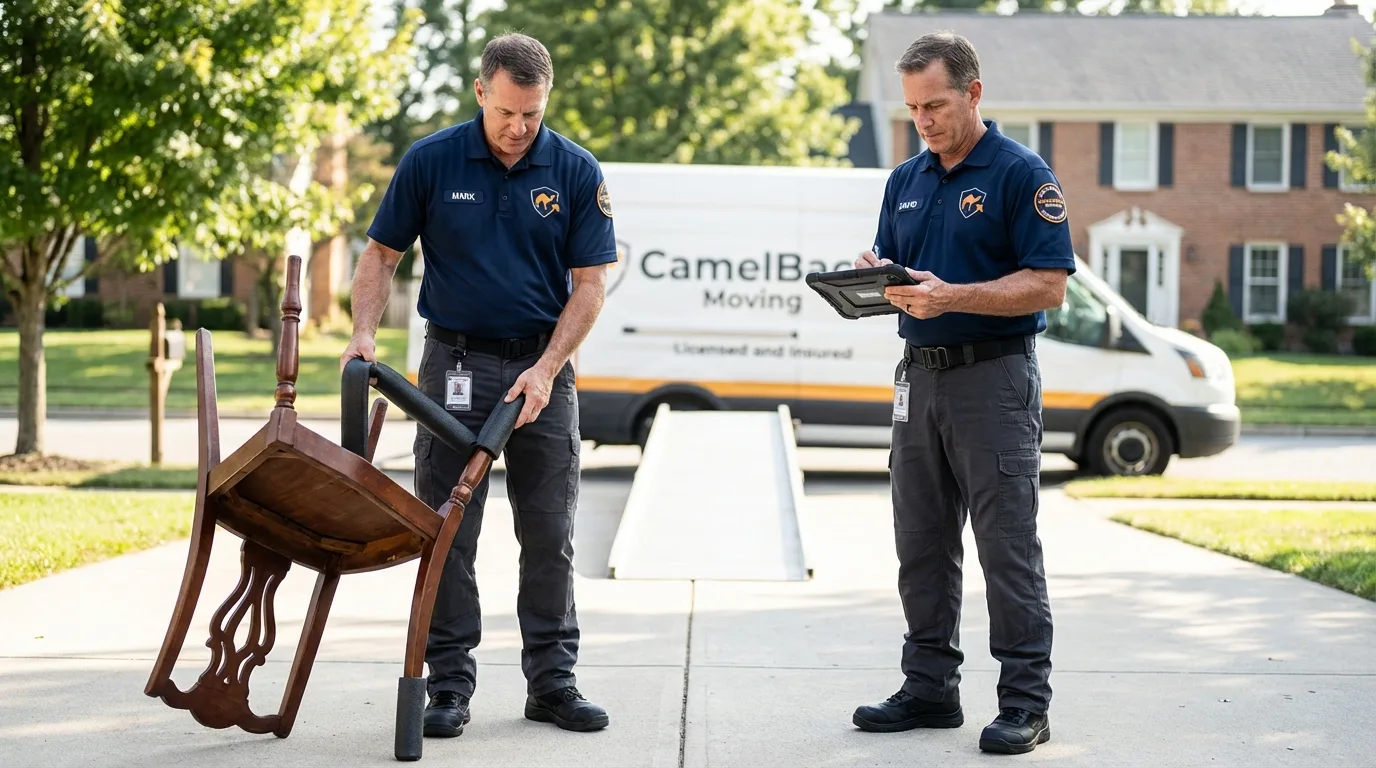Movers inspecting furniture for damage prevention before loading in Lemoore, CA