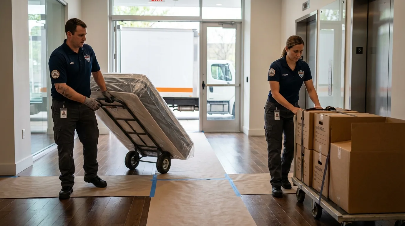 Professional apartment movers loading elevator in Lemoore, CA
