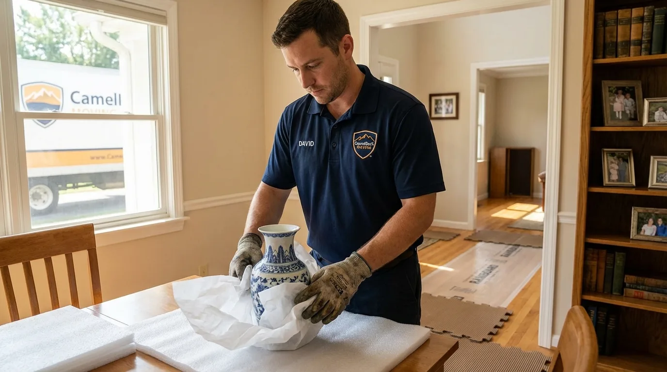 Professional crew carefully wrapping antique vase for senior downsizing move in Lemoore, CA
